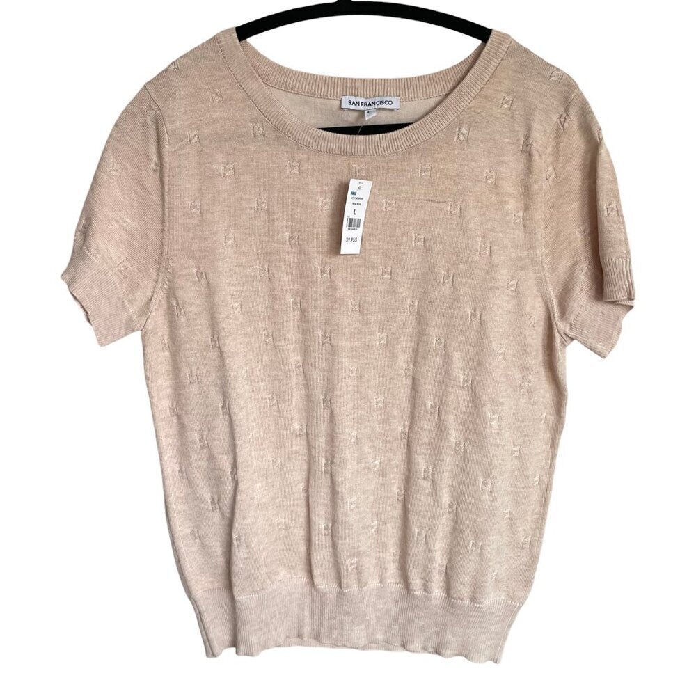 NWT San Fransisco Beige Crew Neck Sweater Top Tee Short Sleeve Women's Large
